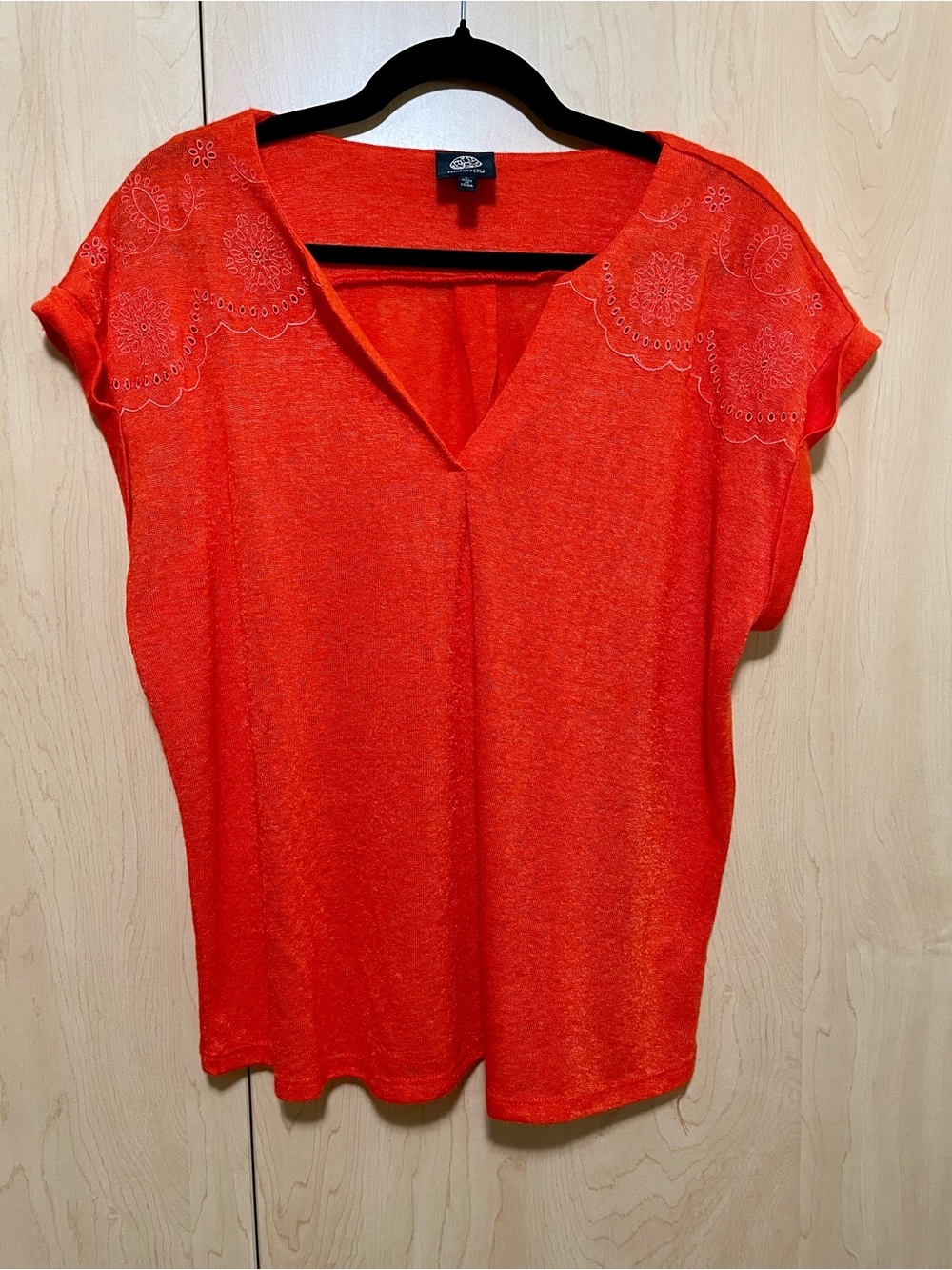 Embroidered Cap-Sleeve V-Neck Top in Bright Coral Orange